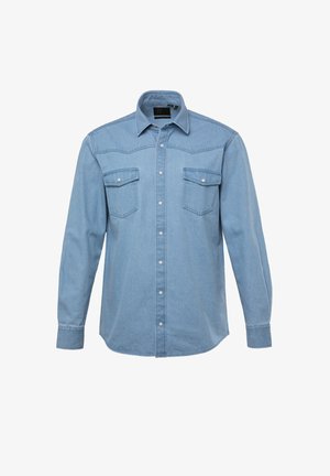 Helles blaugraues Denimhemd mit langen Ärmeln, spitzem Kragen, zwei Brusttaschen und durchgehender Knopfleiste. Mit westlichem Yoke-Detail.