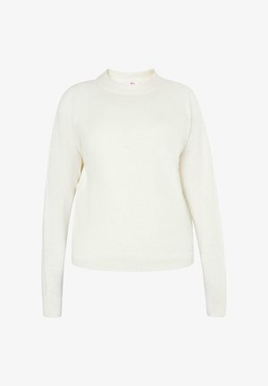 Weißer langärmeliger Strickpullover mit Rundhalsausschnitt sowie gerippten Bündchen und Saum, auf einem weißen Hintergrund präsentiert.