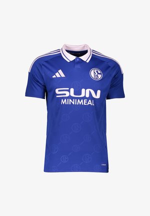 Blaue Fußballtrikots mit weißen Akzenten, einem Kragen und dem Teamlogo. Hergestellt aus atmungsaktivem Material mit strukturiertem Muster. Auf der Vorderseite befindet sich das Sponsorlogo.