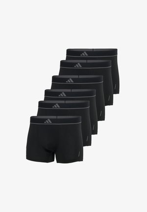 Czarne bawełniane bokserki o gładkim wykończeniu, z szarym elastycznym paskiem w talii z logo Adidas, wyeksponowane w sześciu parach.