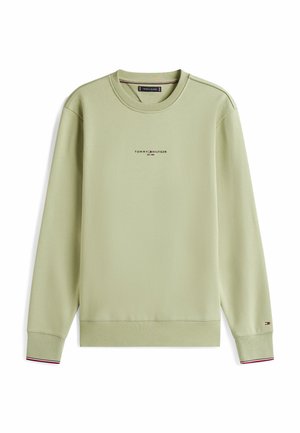 Sweatshirt vert clair en mélange de coton. Présente un col rond, des manches longues et un logo imprimé en noir sur le devant. Poignets côtelés.