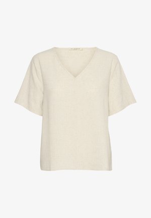Linnen top met korte mouwen en V-hals, lichtbeige van kleur en met een textuurafwerking. Ruime pasvorm zonder zichtbare sluitingen.