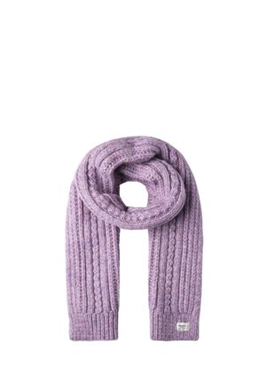 Lila gestrickter Schal mit gerippter Textur und Zopfmuster, in einfarbigem Abschluss, gefaltet und in einer Schlaufe präsentiert.