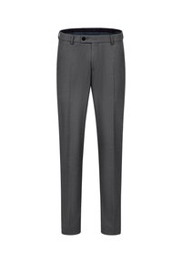 Gray tailored trousers with a straight cut, featuring a button closure, belt loops, and a subtle texture. No patterns or accents visible.