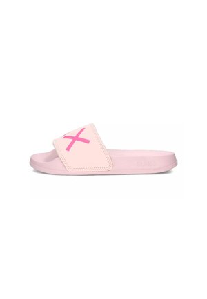 Infradito rosa con una fascia larga che presenta un design a X di un rosa a contrasto. Realizzato in materiale simile alla gomma, suola piatta e forma minimalista.
