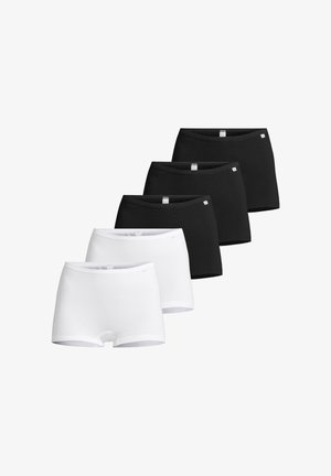 Ensemble de cinq boxers unis, deux blancs et trois noirs, disposés en quinconce sur fond blanc.
