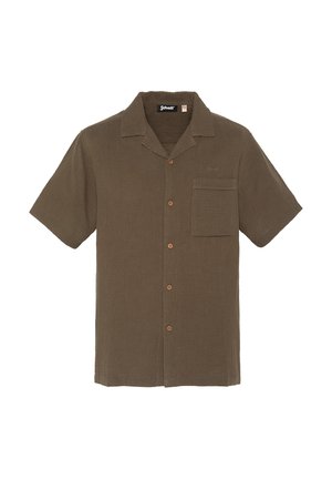 Bruin kortemouwen overhemd met knopen, een kraag, een borstzak aan de linkerkant en het "Schott"-logo boven de zak.