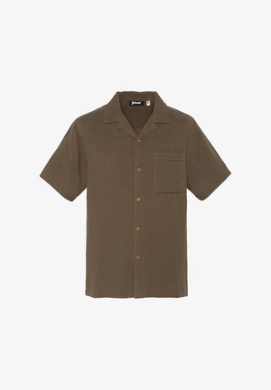 Bruin kortemouwen overhemd met knopen, een kraag, een borstzak aan de linkerkant en het "Schott"-logo boven de zak.