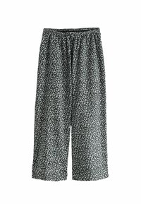 Pantalones de pierna ancha con estampado floral negro y cintura elástica, que presentan pequeñas flores blancas y una textura ligera y suave.
