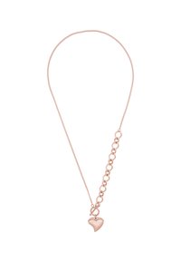 Roze gouden ketting met een harthanger, met een sierlijke ketting en een gelinkte kettingsectie, die een gladde metalen afwerking toont.
