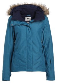 Türkisfarbige wasserdichte Jacke mit einem mit Pelz gefütterten navyblauen Kapuze, Reißverschluss vorne, zwei Seitentaschen und leichtem Material.