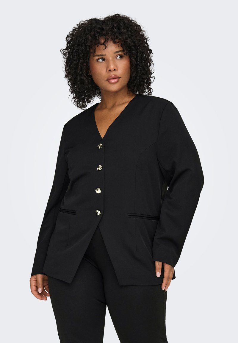 Čierny blejzer s výstrihom do V, ozdobený zlatými gombíkmi a dvoma prednými vreckami. Vyrobený z textúrovaného materiálu s priliehavým strihom.