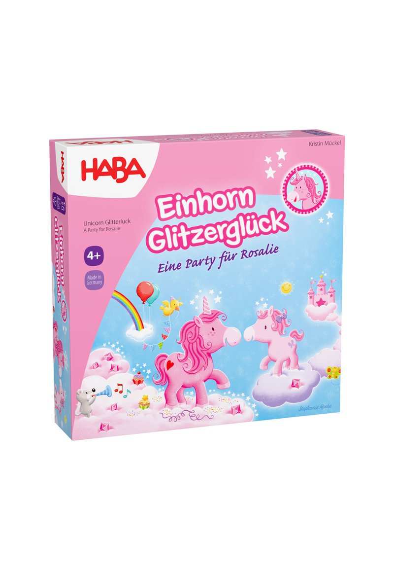 Pudełko dla "Einhorn Glitzerglück," z różowymi ilustracjami jednorożców na jasnoniebieskim tle, z chmurami, gwiazdami i radosnymi detalami.