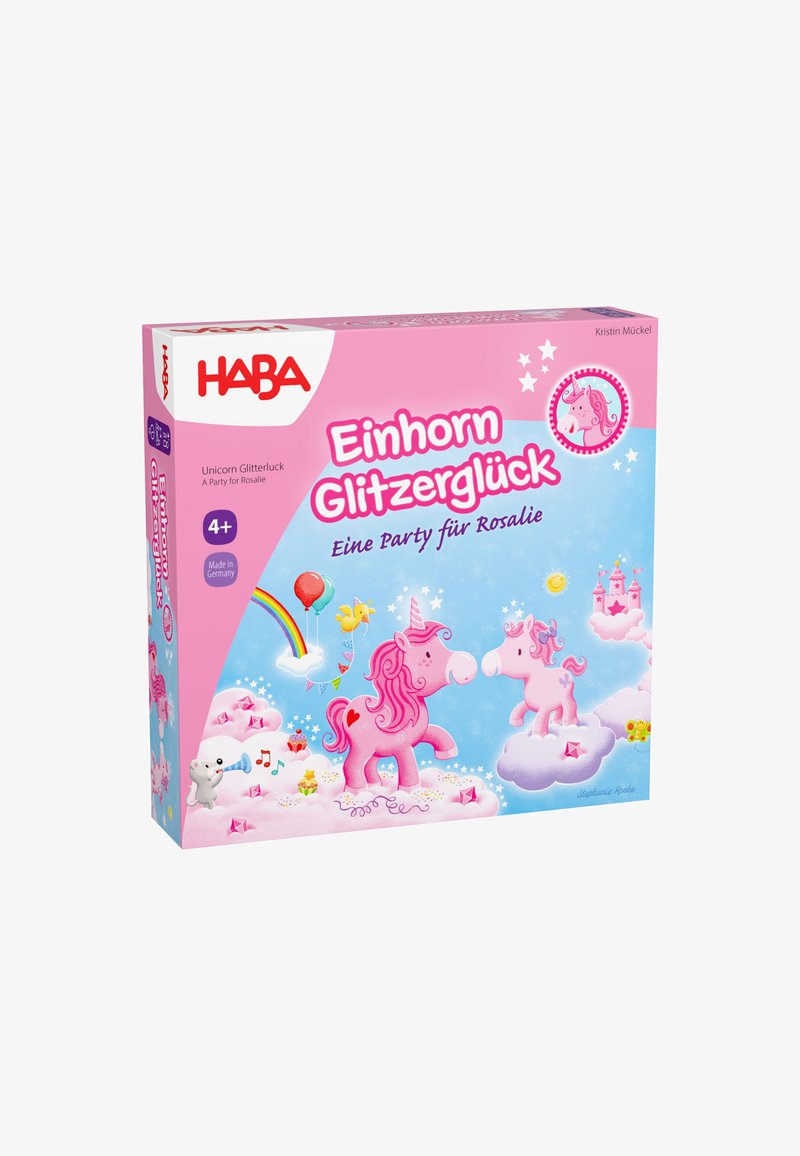 Pudełko dla "Einhorn Glitzerglück," z różowymi ilustracjami jednorożców na jasnoniebieskim tle, z chmurami, gwiazdami i radosnymi detalami.