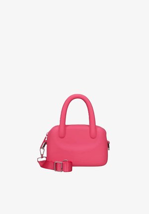 Borsa rosa brillante con manici arrotondati e tracolla regolabile e staccabile con fibbie metalliche.