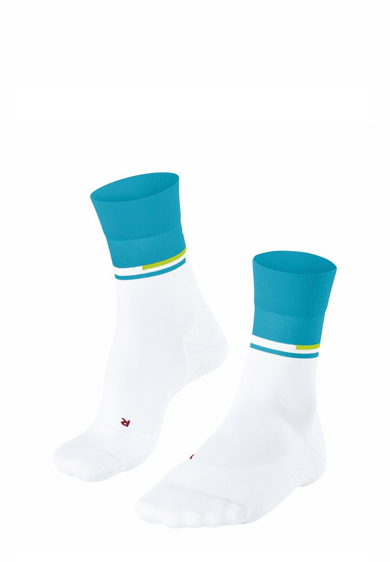 Calze bianche con un polsino a coste turchese, decorate con due strisce orizzontali blu e gialle attorno alla caviglia. Dettaglio del logo rosso visibile.