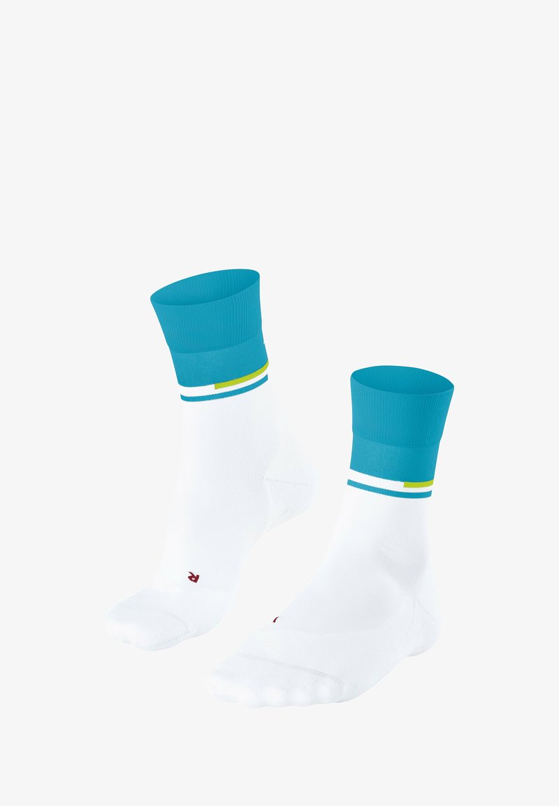 Calze bianche con un polsino a coste turchese, decorate con due strisce orizzontali blu e gialle attorno alla caviglia. Dettaglio del logo rosso visibile.