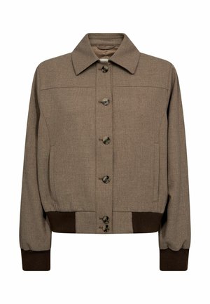 Barna gyapjúkeverék dzseki galléros nyakkivágással, gombos elülső résszel, oldalzsebekkel és bordázott mandzsettákkal. Texturált anyagból készült, kontrasztos barna szegéllyel.