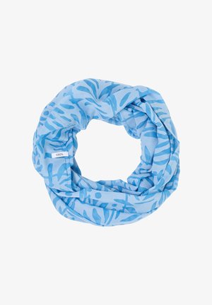 Light blue infinity scarf made of fabric, featuring abstract patterns in darker blue tones and a small tag labeled "CECIL."