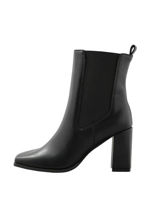 Black leather ankle boot with block heel, elastic side panels, and pull tab at the back, displayed on a white background.