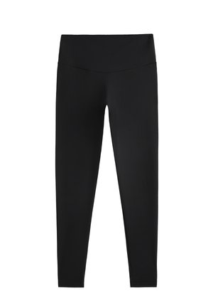 Zwarte leggings gemaakt van rekbare stof, met een hoge tailleband en een gladde textuur, ontworpen voor comfort en flexibiliteit.