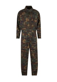 Kamuflázs mintázatú, hosszú ujjú overall, elülső cipzárral, több cipzáros melltartó zsebbel, elasztikus mandzsettákkal és magas gallérral.
