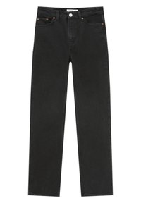 Jean noir en denim, avec une coupe droite, des accessoires couleur cuivre, cinq poches et une fermeture classique par bouton et braguette.