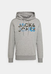 Felpa grigia con cappuccio e tasca a marsupio frontale, caratterizzata dal testo "JACK&JONES" in colori variati, tra cui blu e verde, sul petto.
