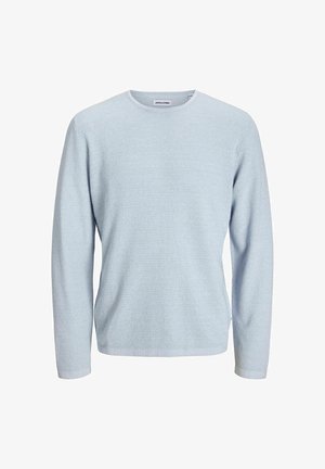 Selle kerge sinise lõngaga kudumiga pikkade käistega sviiter, millel on ümmargune kaelus ja tekstuuriga muster, valmistatud pehmest kangast.