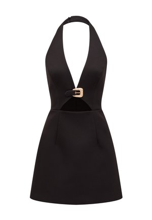 Black halter neck mini dress with deep V neckline and a decorative gold buckle at the waist.