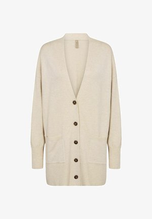 Beež kardigan V-kaelusega, seitsme nööbiga ees, kahe esimise taskuga ja pika varrukaga. Valmistatud pehmest kudumisest.