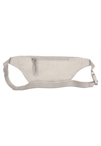Banane gris clair en tissu, avec une poche zippée à l'avant et une sangle réglable pour un ajustement sécurisé. Design plat et épuré.
