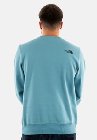 Felpa leggera blu chiaro a girocollo realizzata in tessuto morbido, con polsini e orlo a coste, e un piccolo logo nero sulla spalla sinistra sul retro.