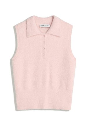 Rosa ärmelloses Polohemd mit einer weichen, flauschigen Textur, ausgestattet mit einem klassischen Kragen und fünf passenden Knöpfen auf der Vorderseite.