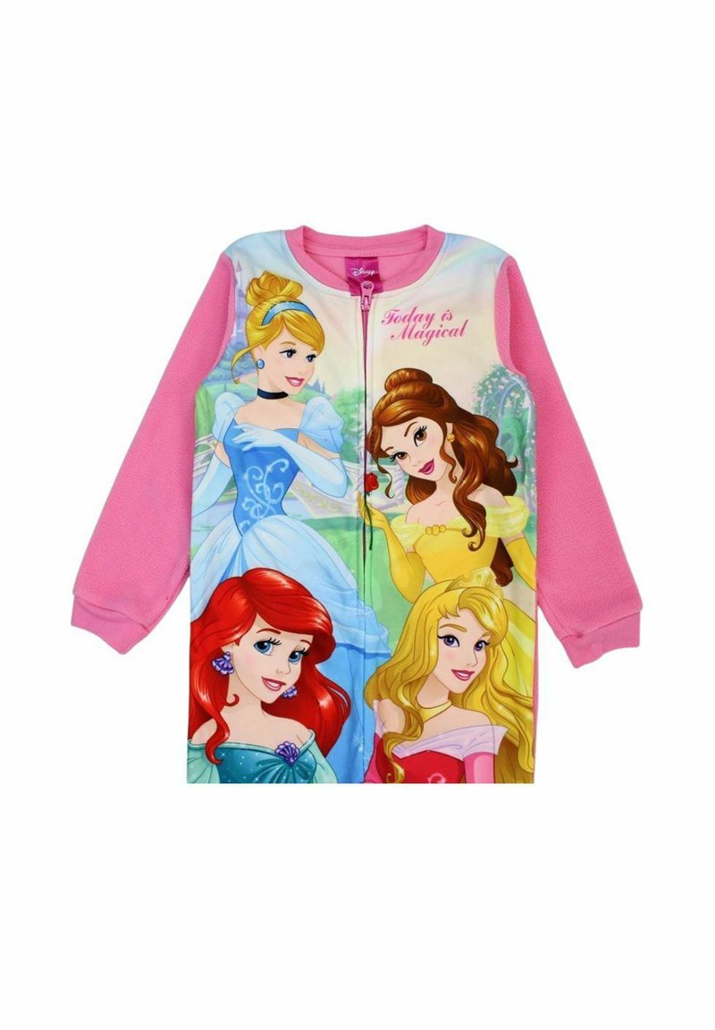 Giacca rosa per bambini con zip frontale che presenta le principesse Disney Cenerentola, Belle, Ariel e Aurora, e la scritta 'Oggi è Magico'.