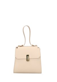 Borsa a mano in pelle beige con design strutturato, manico superiore, chiusura a scatto e dettagli in metallo dorato. Texture liscia, forma rettangolare.