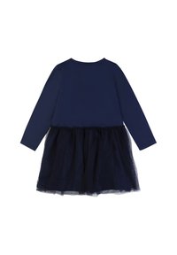 Abito lungo a maniche, colore navy, con top aderente e gonna a strati in tulle. Realizzato in morbido cotone con parte inferiore texturizzata e collo a giro.