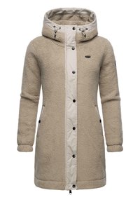 Beige fleece-lined coat with a contrasting beige front, hood, and buttons. Features side pockets and elastic cuffs for a snug fit.