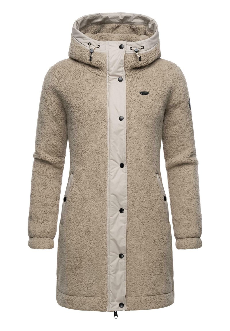 Beige fleece-lined coat with a contrasting beige front, hood, and buttons. Features side pockets and elastic cuffs for a snug fit.