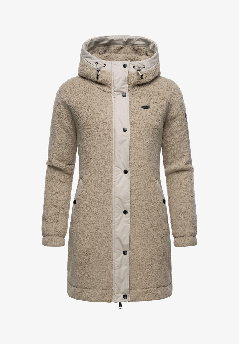 Beige fleece-lined coat with a contrasting beige front, hood, and buttons. Features side pockets and elastic cuffs for a snug fit.