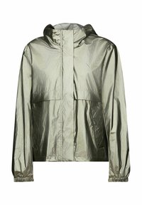 Metaliczna zielona, lekka kurtka z kapturem, elastycznymi mankietami i dwoma przednimi kieszeniami. Charakteryzuje się gładką, refleksyjną teksturą oraz minimalistycznym designem.