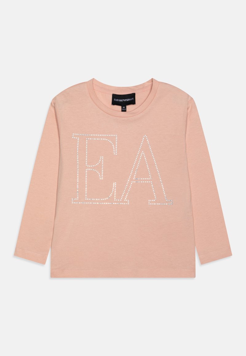 Φωτεινό ροζ μακρυμάνικο T-shirt φτιαγμένο από μαλακό ύφασμα, με μεγάλο "EA" από ρινοστόν στο μπροστινό μέρος, στρογγυλή λαιμόκοψη και ραμμένα τελειώματα.