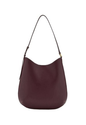 Sac d'épaule en cuir brun foncé avec un bord supérieur incurvé et une bandoulière unique réglable avec des éléments dorés.