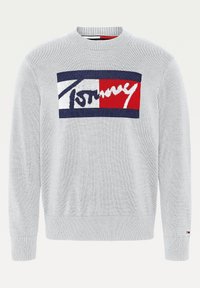 Hellgrauer Strickpullover mit großem rechteckigem Logo in Marineblau, Weiß und Rot sowie kursivem Branding auf der Brust, gerippten Bündchen und Saum.