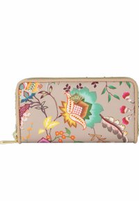 Billetera con cremallera en tela beige, que presenta coloridos estampados botánicos, placa con logo dorado y acentos texturizados. Forma compacta y rectangular.