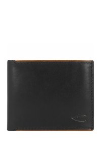 Zwarte leren portefeuille met een gladde afwerking, gestikte randen en een bruine interieuraccent. Voorzien van subtiele reliëflogo-details.