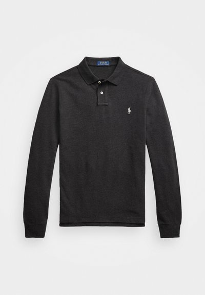 Long-sleeve polo shirt in dark charcoal with a collared neck, three-button placket, and an embroidered logo on the left chest.