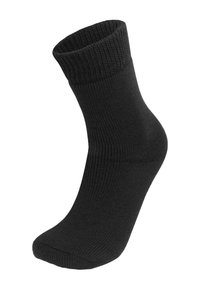 Schwarze Knöchelsocke mit gerippter Textur, verstärkter Spitze und Bündchen. Das Material scheint eine Mischung zu sein, die sich für den täglichen Gebrauch eignet.