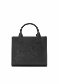 Borsa a mano in pelle nera con superficie texturizzata, presenta la scritta in rilievo "Saint Barth Paradise", doppi manici superiori, forma rettangolare.