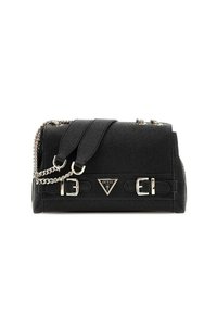 Borsa a tracolla nera in materiale sintetico con un design strutturato, dettagli in metallo argentato e una tracolla a catena. Presenta un logo di marca triangolare sul davanti.